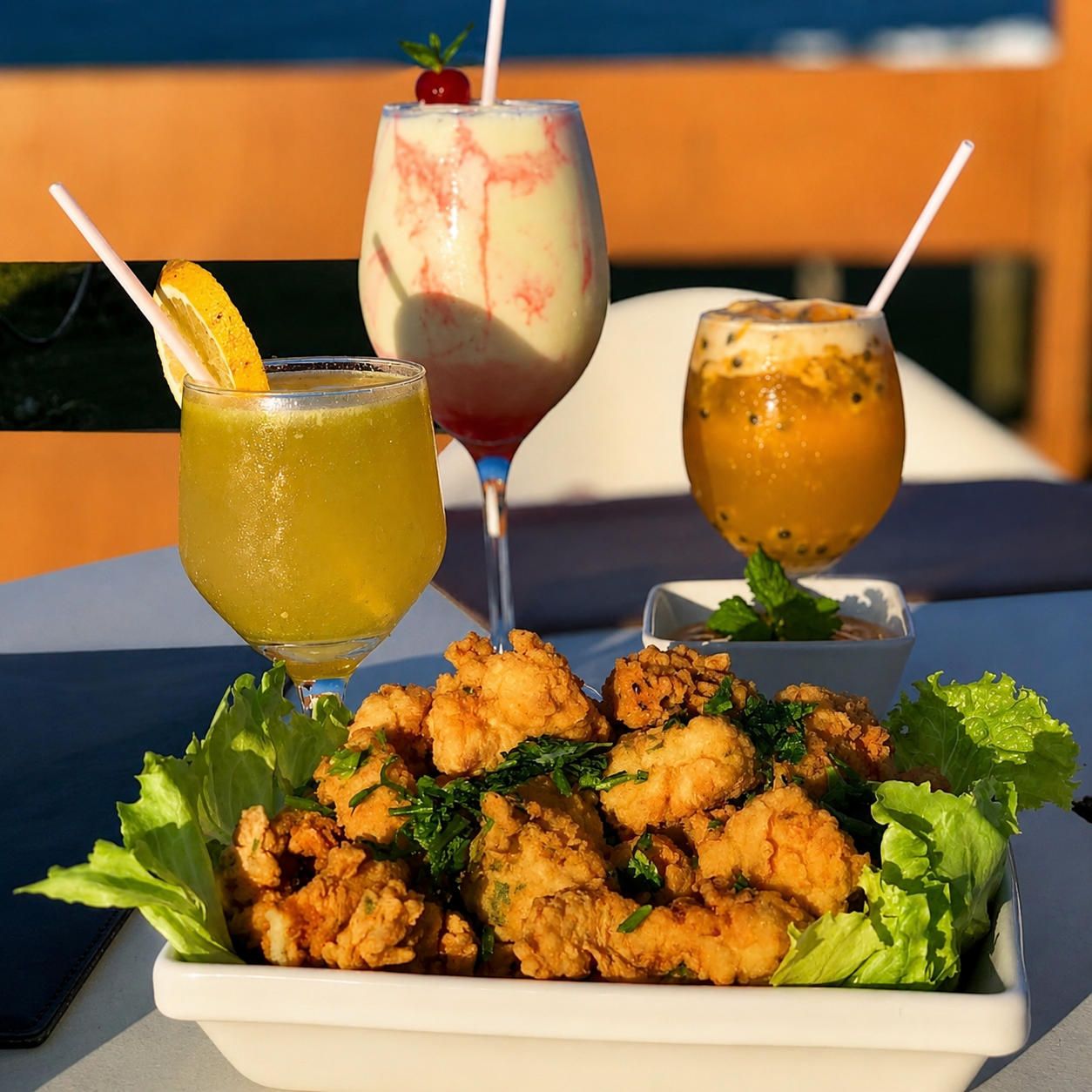 Porção de isca de peixe com sucos e drinques ao pôr do sol