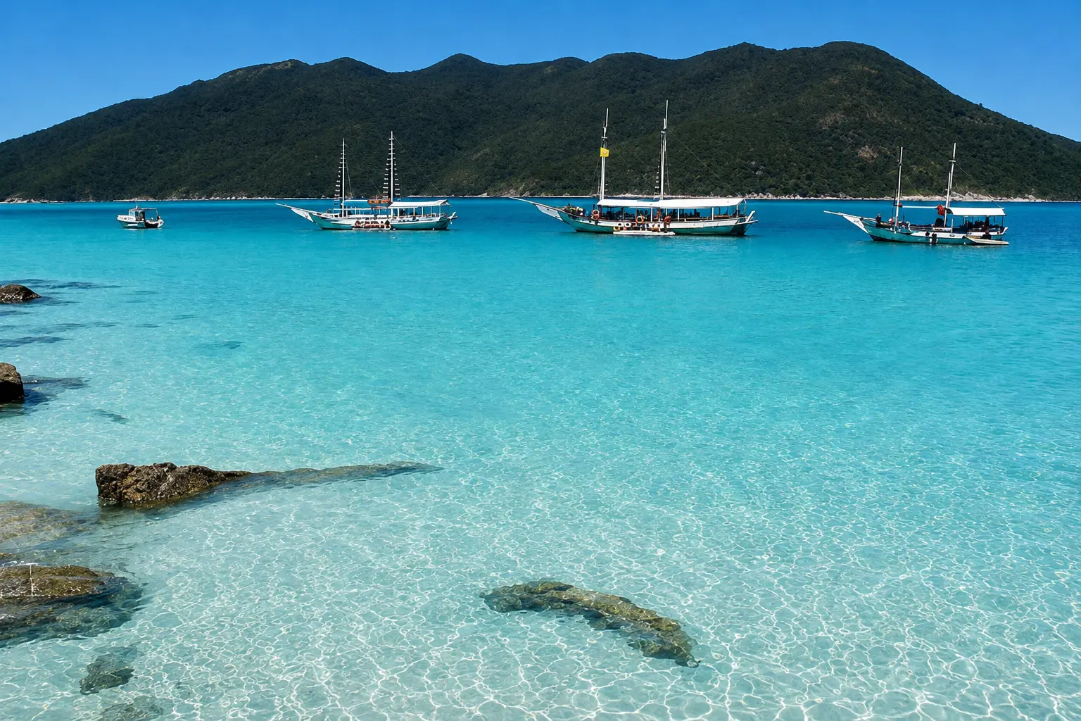 Água transparente da Praia do Farol com barcos e pedras ao fundo
