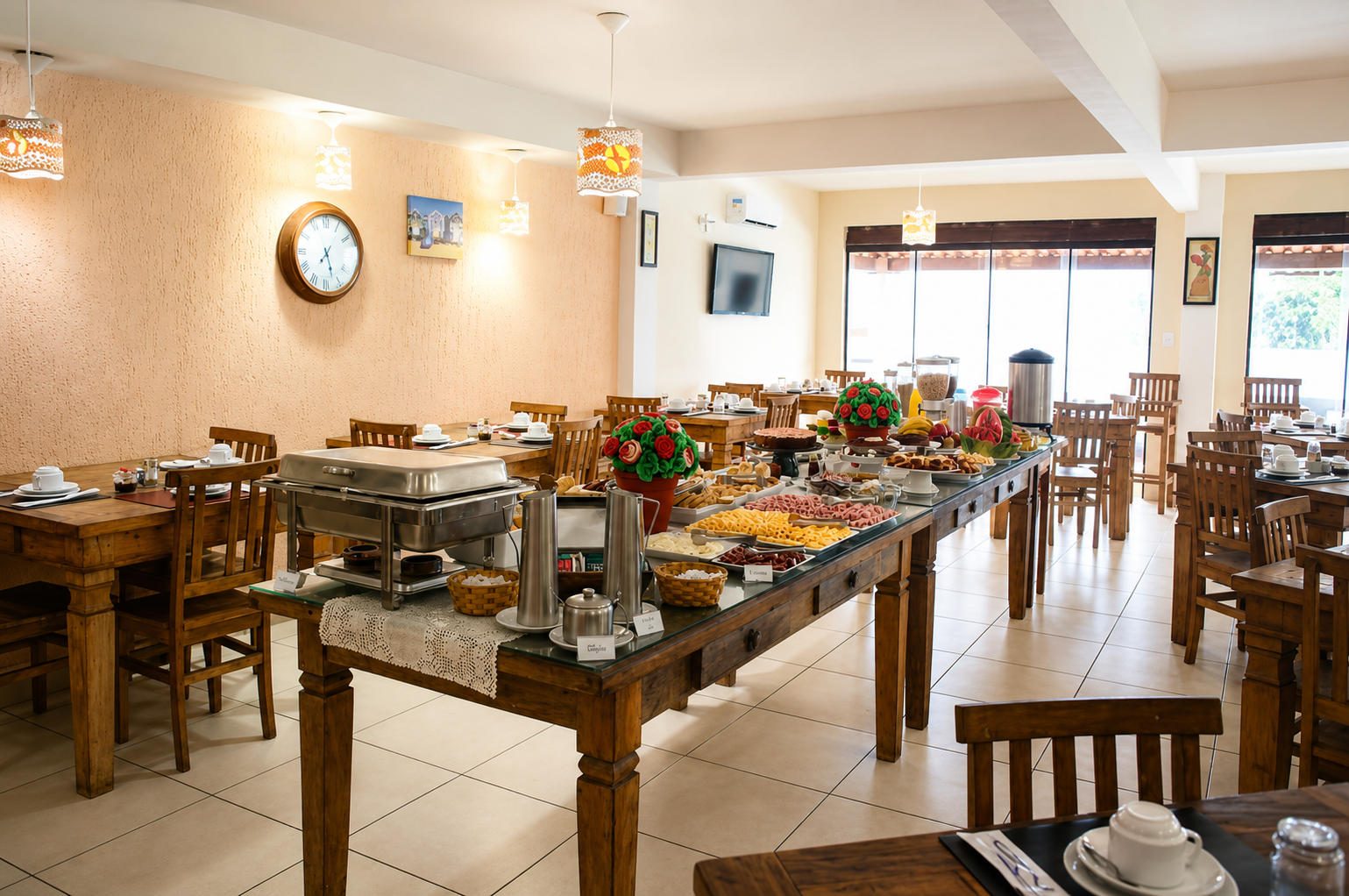 Salão do restaurante com o buffet de café da manhã montado