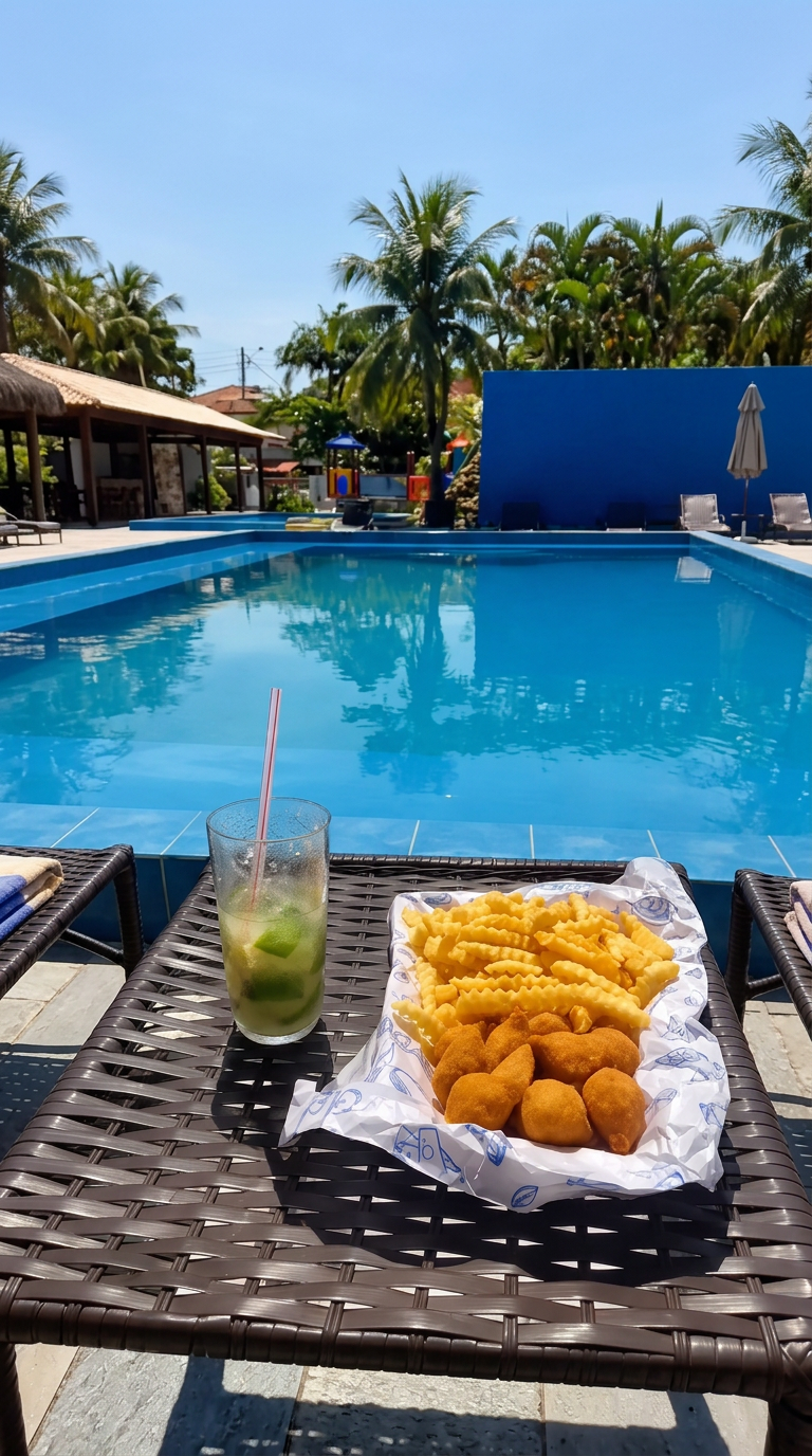 Bolinhos fritos com batata e caipirinha à beira da piscina