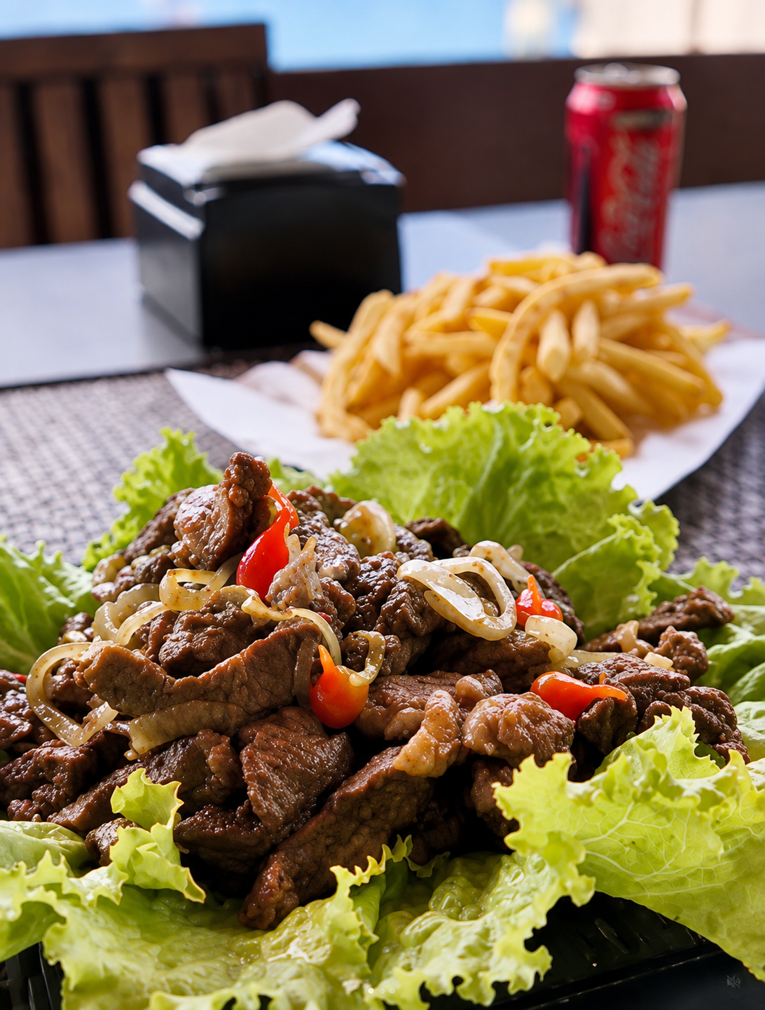 Prato de carne acebolada com fritas e salada