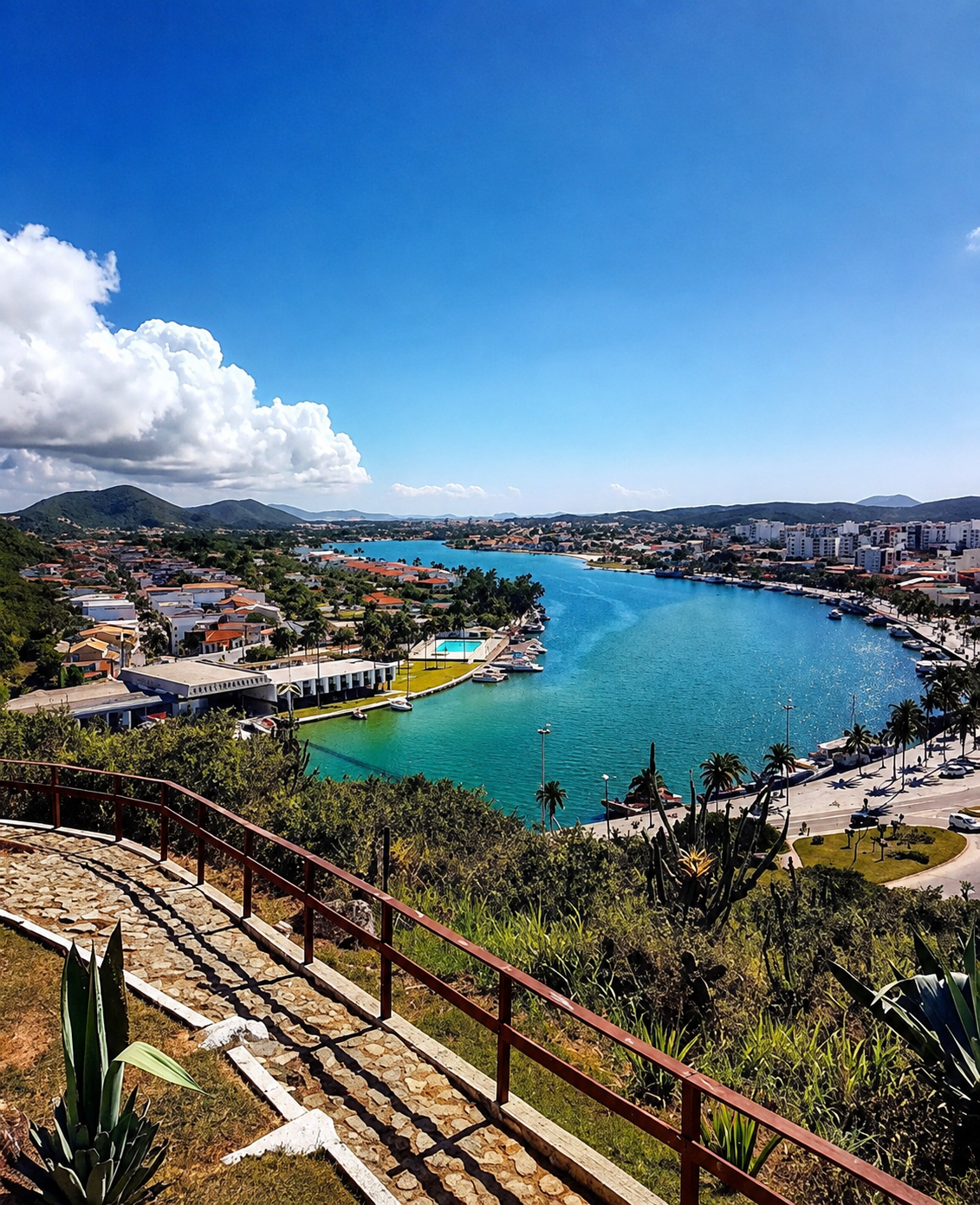 Vista da escadaria do Morro da Guia olhando para o canal e a marina